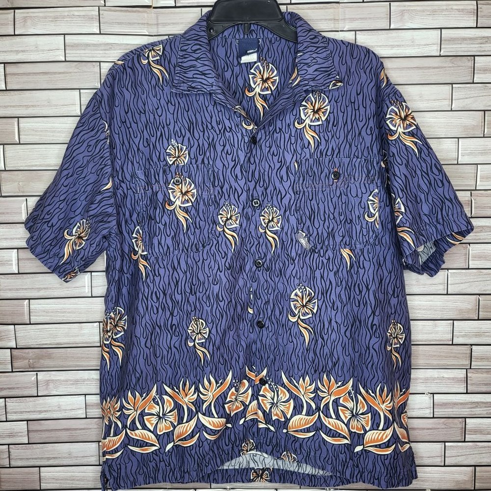 Vintage No Fear Men's Large Hawaiian Shirt 90s Retro Button‎ Up Blue Floral Top
